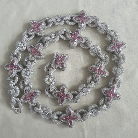 21mm Sterling Silver Moissanite Pink Flower Chain