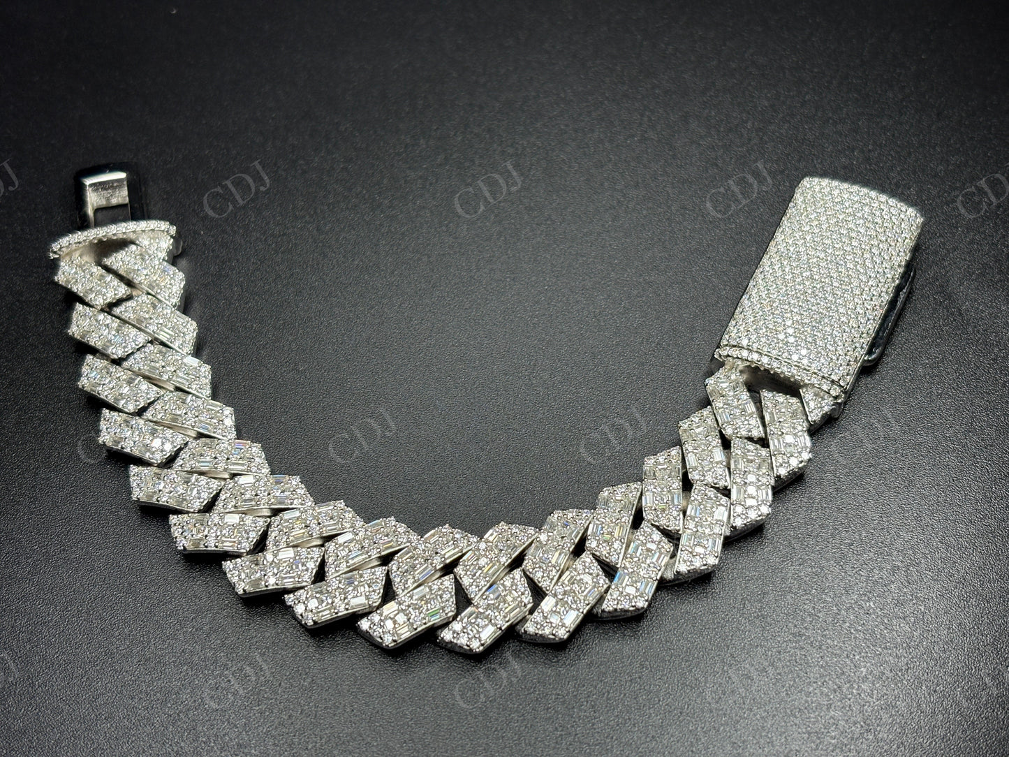18mm Round and baguette Moissanite Sterling Silver Cuban Chain