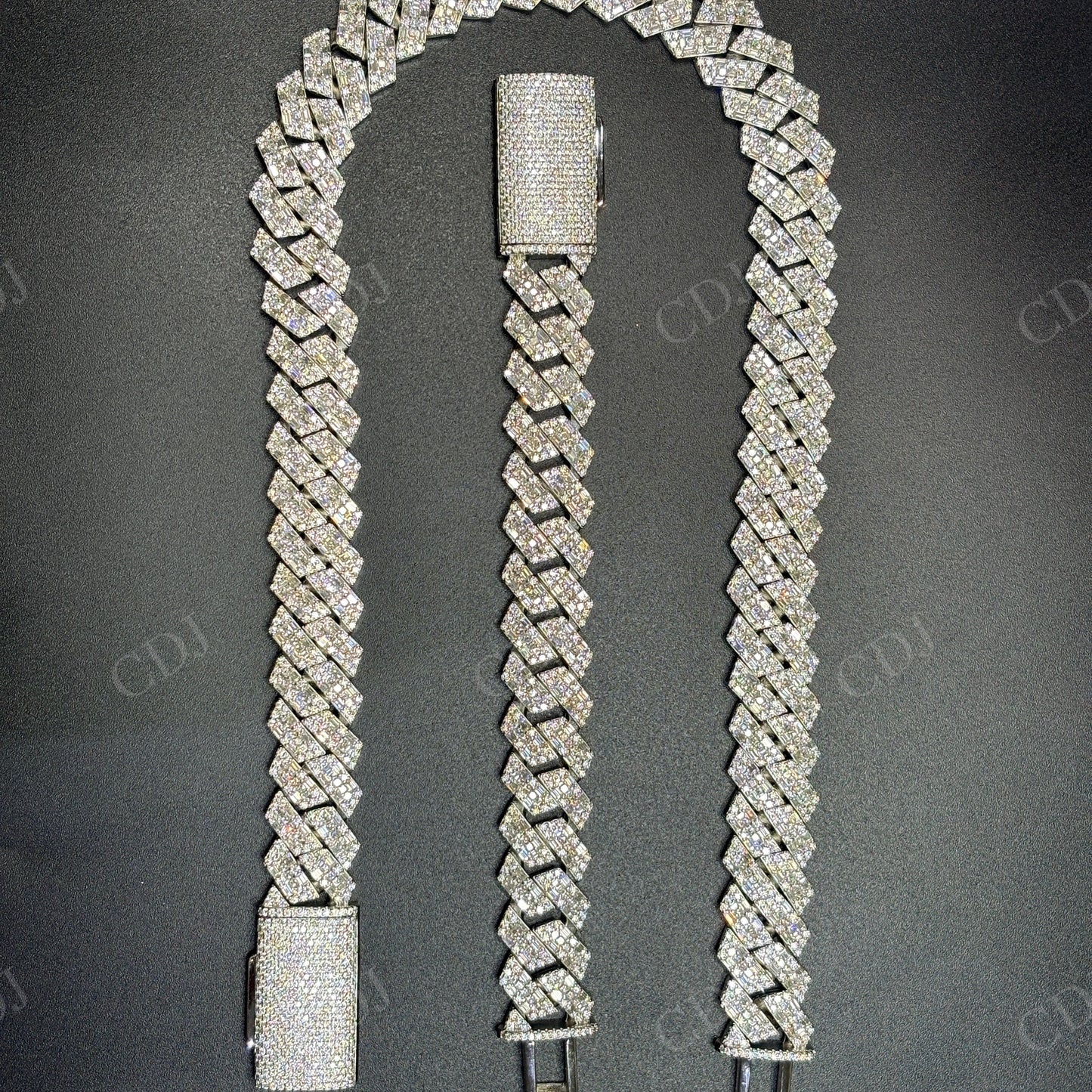 18mm Round and baguette Moissanite Sterling Silver Cuban Chain