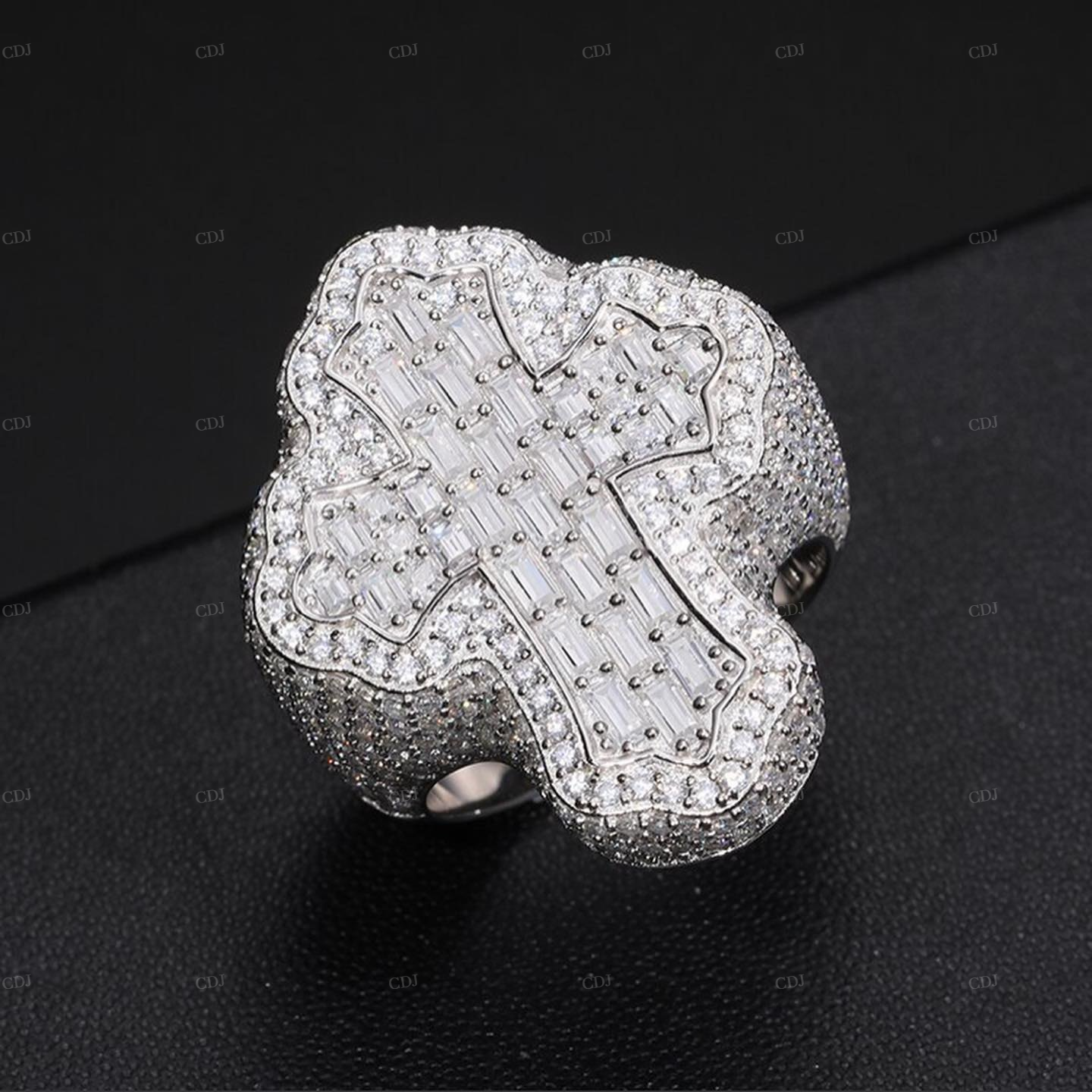 Floral Shape Cross Moissanite Sterling Silver Ring