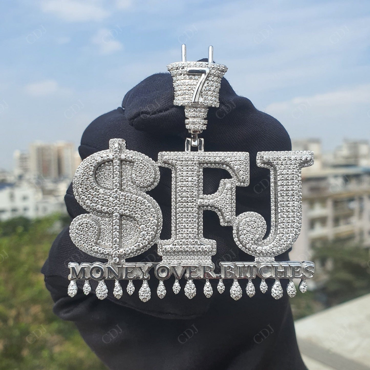 1.6" Silver Moissanite $FJ Pendant